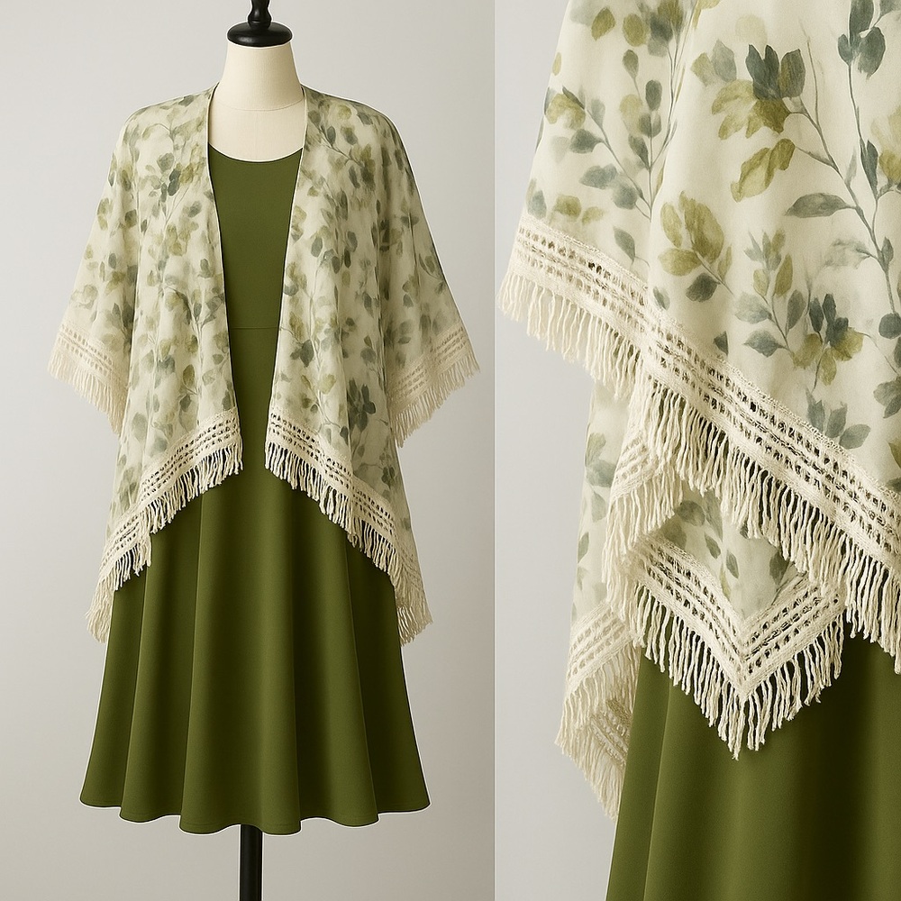 Floral Sheer Kimono Cardigan with Fringe Trim, BOHO Inspired - One Size